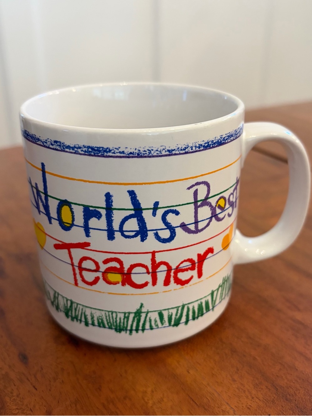 Vintage Papel Worlds Best Teacher Coffee Mug Cup ABC 123 Apple 1980s Retro Korea